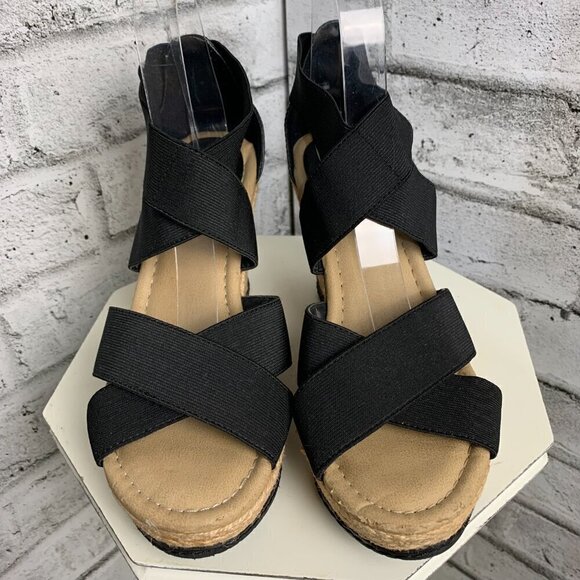 Kenneth Cole Strappy Black Elastic Espadrille Wedge Sandals - Picture 2 of 11
